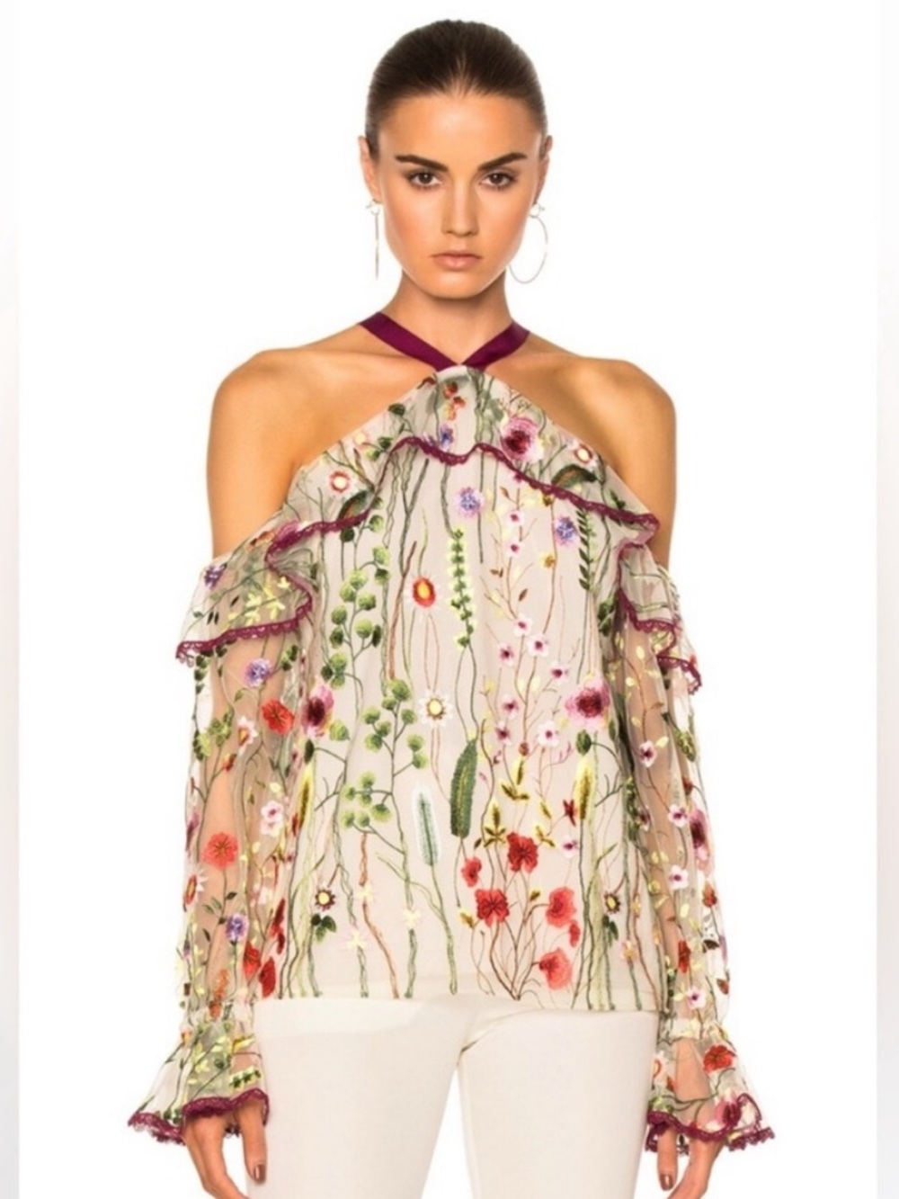 Alexis floral Embroidered Kylie Cold Shoulder  long sleeve top S